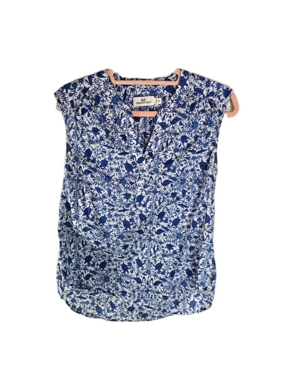 Vineyard Vines Blue Floral Bird Print Sleeveles Preppy Top Blouse XS